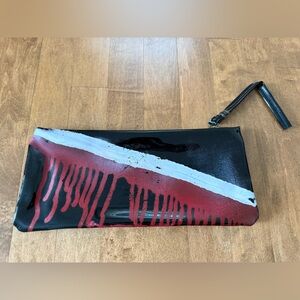Hand-Painted Black Wristlet Clutch with Red and White Accent